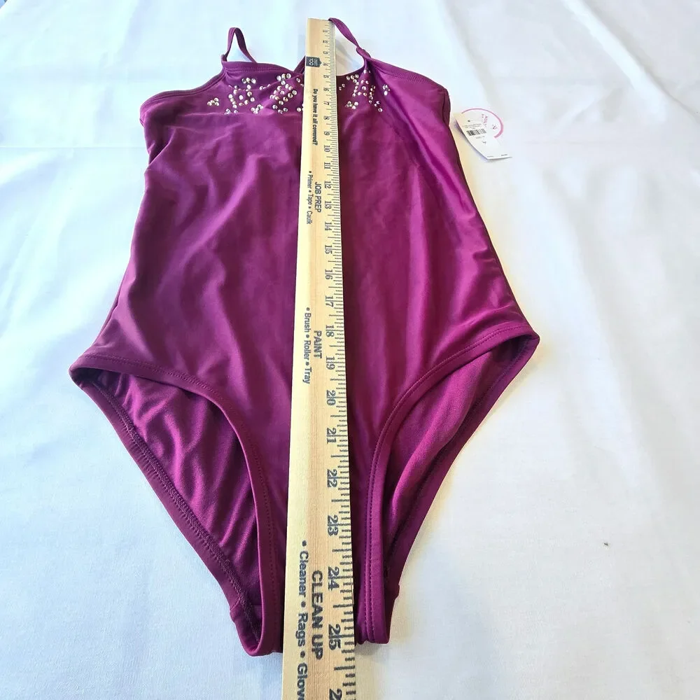 Justice UPF 50+ girls maroon one piece swimsuit w/rhinestone accents /14 (US)